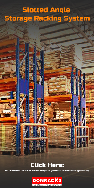 A Series of Slotted Angle Storage Racks Arranged In An Industry For Their Storage Purpose.